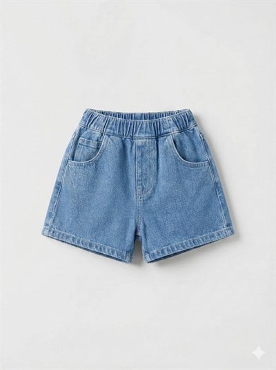Unisex Çocuk Pamuklu Mavi Jean Şort - Elastik Belli Cepli