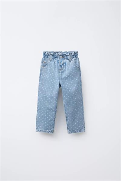 Kız Çocuk Pamuklu Mavi Puantiye Desenli Denim Pantolon – Lastik Belli, Rahat Kesim