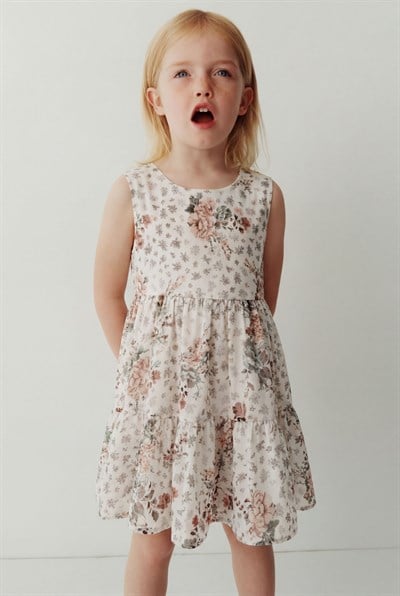 Kız Çocuk Pamuklu Çiçek Desenli Kat Kat Elbise