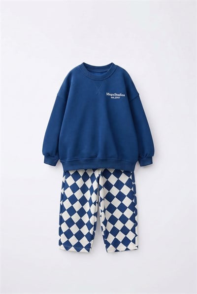 Çocuk Pamuklu Studio Mavi Sweatshirt ve  Desenli Bol Paça Eşofman Takımı