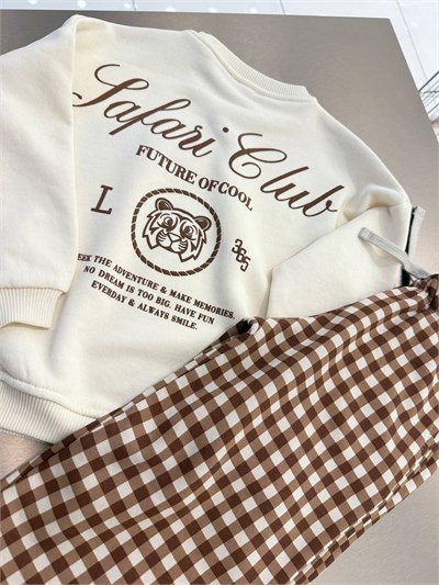 Çocuk Safari Baskılı Ekru Sweatshirt ve Kahverengi Pötikare Pantolon Takımı