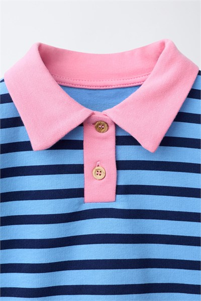 Kız Çocuk Pamuklu Polo Yaka Mavi Çizgili Sweatshirt