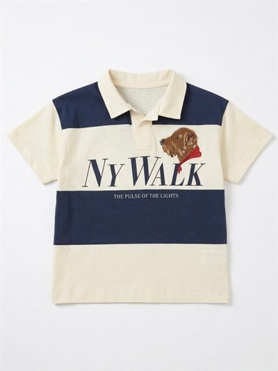 Erkek Çocuk Pamuklu Ekru Lacivert Köpek Nakışlı Polo Yaka T-Shirt