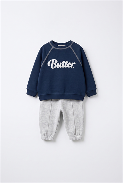 Bebek Pamuklu Butter Baskılı Lacivert Sweatshirt ve Gri Eşofman Altı Takımı