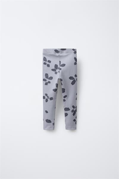 Kız Çocuk Pamuklu Gri Çiçek Desenli Sweatshirt ve Tayt Takım - Rahat Kesim, Fırfır Detaylı