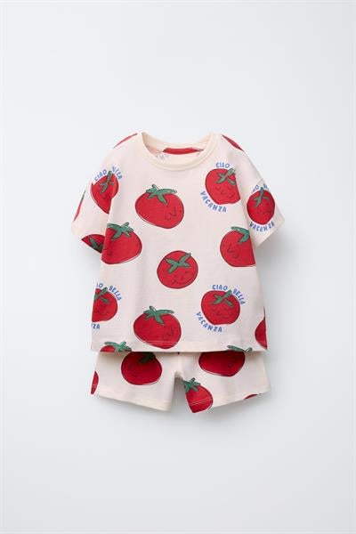 Unisex Çocuk Pamuklu Krem Domates Desenli T-Shirt Şort Takım