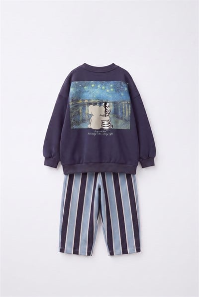 Çocuk Pamuklu Magu And Milo Lacivert Sweatshirt ve Çizgili Eşofman Takımı