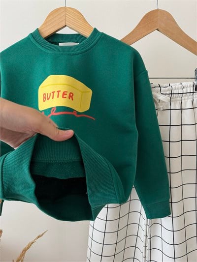 Çocuk Butter Baskılı Yeşil Sweatshirt ve Ekru Kareli Eşofman Takım