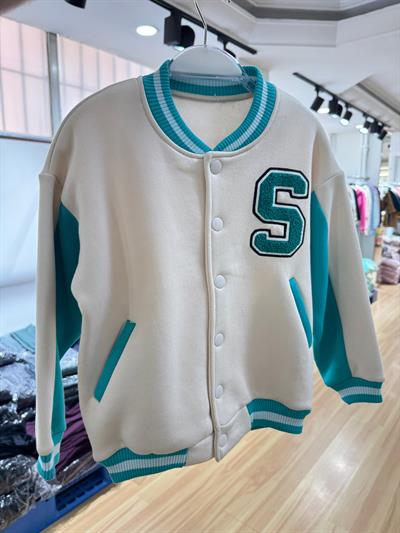 Unisex Çocuk Pamuklu Beyaz Turkuaz Kolej Ceket - Harf Aplikeli Bomber Mont