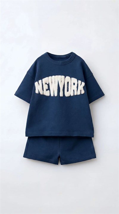 Erkek Çocuk Pamuklu Mavi New York Yazı Aplikeli T-shirt Şort Takım