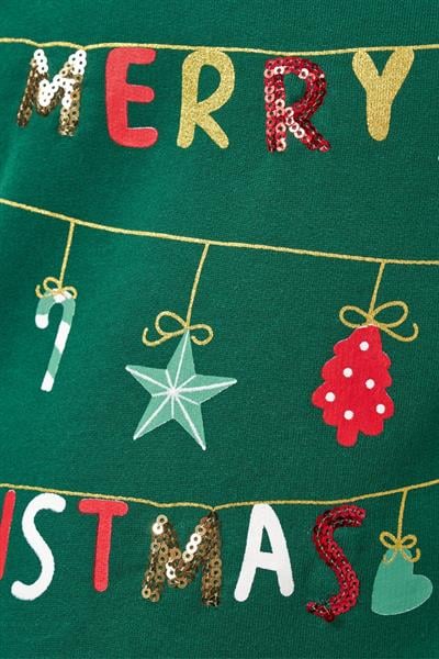 Kız Çocuk Pamuklu Yeşil Üst Kırmızı Tüllü Yeni Yıl Temalı Elbise - Merry Christmas Baskılı