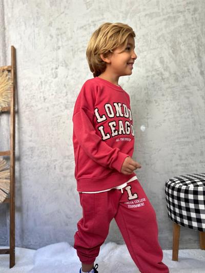 Erkek Çocuk Pamuklu Kırmızı London League Sweatshirt ve Eşofman Alt Takım - Nakış Detaylı