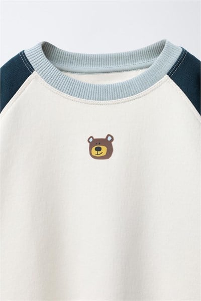Çocuk Pamuklu Ayıcık Nakışlı Ekru Siyah Sweatshirt ve Eşofman Altı Takımı