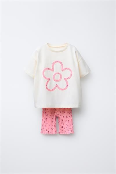 Kız Çocuk Pamuklu Ekru Desenli T-shirt ve Ribana Tayt Takım - Yazlık İki Parça