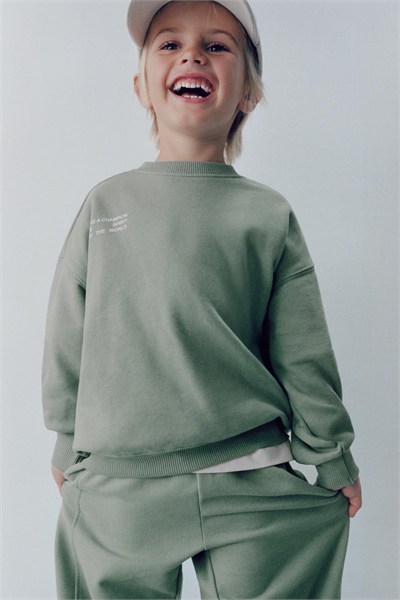 Çocuk Pamuklu Yeşili Sweatshirt ve Bol Paça Eşofman Takımı