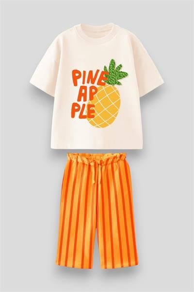 Unisex Çocuk Pamuklu Ekru Pineapple Sloganlı T-shirt ve Çizgili Bermuda Takım