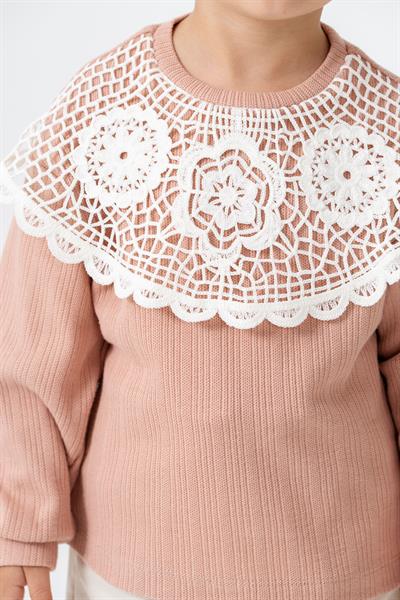 Kız Çocuk Pamuklu Pudra Dantel Yaka Uzun Kollu Bluz - Şık Günlük Stil