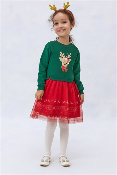 Kız Çocuk Pamuklu Yeşil Geyik Desenli Sweatshirt ve Kırmızı Tüllü Etek Takımı - Yılbaşı Özel Koleksiyonu