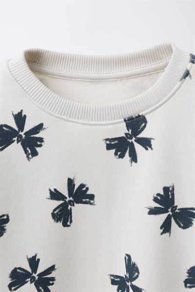 Kız Çocuk Pamuklu Krem Fiyonk Desenli Sweatshirt ve Tayt Takım