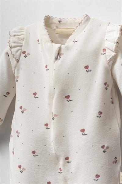 Kız Bebek Organik Pamuklu Ekru Çiçek Desenli Fırfır Kollu Tulum - Rahat ve Şirin