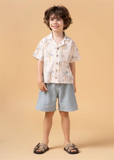 Erkek Çocuk Palmiye Desenli Gömlekli Takım Şortlu Yazlık İkili Set