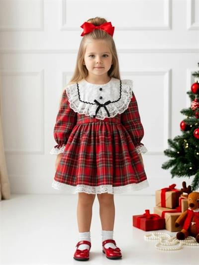 Kız Çocuk Pamuklu Kırmızı Ekose Dantelli Elbise - Fırfır Yaka ve Kurdele Detaylı