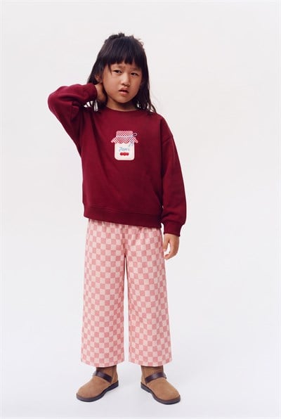 Kız Çocuk Pamuklu Baskılı Bordo Sweatshirt ve Eşofman Takımı