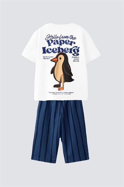 Çocuk Pamuklu Beyaz Baskılı T-Shirt ve Lacivert Pantolon Takım