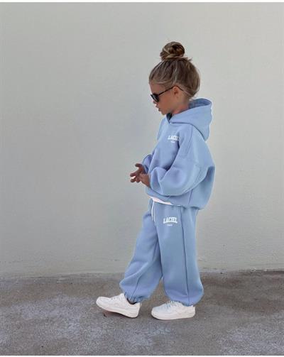 Unisex Çocuk Pamuklu Mavi Laciel Baskılı Kapüşonlu Sweatshirt ve Eşofman Alt Takım