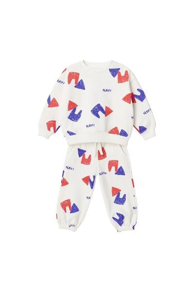 Unisex Çocuk Pamuklu Beyaz Renk Desenli Sweatshirt ve Eşofman Alt Takım – Kırmızı Mavi NAVI Baskılı
