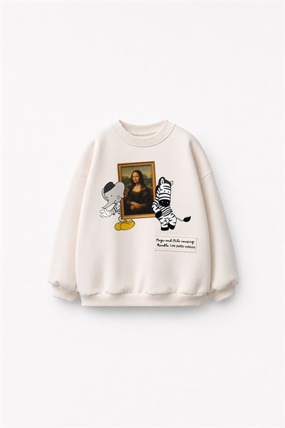 Çocuk Magu ve Milo Desenli Ekru Sweatshirt ve Eşofman Altı Takımı