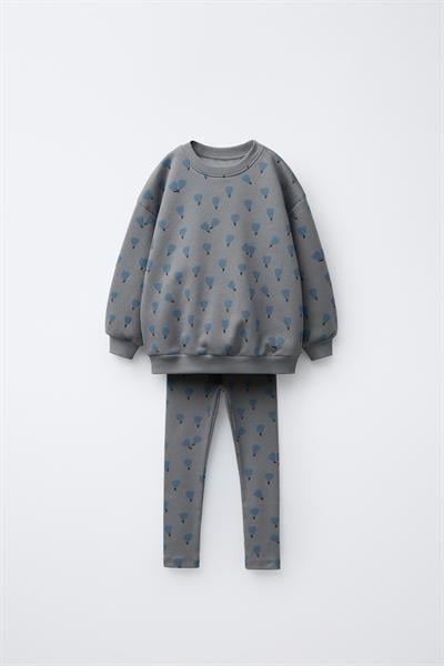 Kız Çocuk Pamuklu Gri Çiçek Desenli Sweatshirt ve Tayt Takım - Rahat Günlük Takım