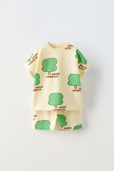 Unisex Çocuk Pamuklu Sarı Ağaç Desenli T-shirt ve Şort Takım – Yazlık 2li Set
