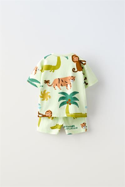 Erkek Çocuk Pamuklu Açık Yeşil Safari Temalı Hayvan Baskılı Yazlık T-shirt ve Şort Takım