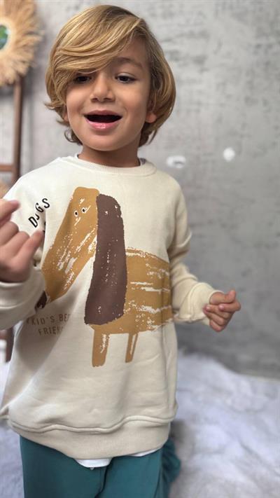 Erkek Çocuk Pamuklu Krem Köpek Desenli Sweatshirt ve Mavi Eşofman Altı Takım - Yumuşak Kumaş Konforu