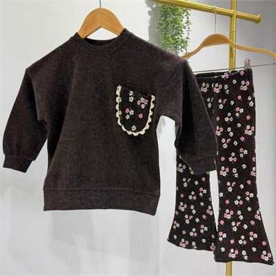 Kız Çocuk Çiçek Desenli Siyah Sweatshirt ve İspanyol Paça Tayt Takımı