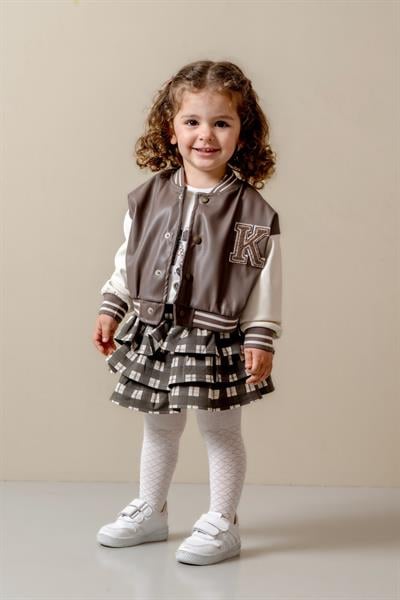 Kız Çocuk Kahverengi Ceket T Shirt ve Etek Takım