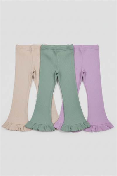 Kız Çocuk Pamuklu Ribana Fırfırlı Paça Tayt – 3lü Renkli Set