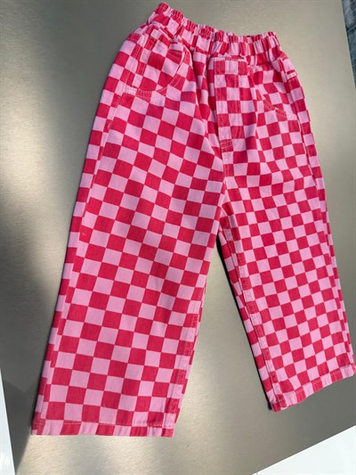 Kız Çocuk Pamuklu Pembe Kare Desenli Pantolon