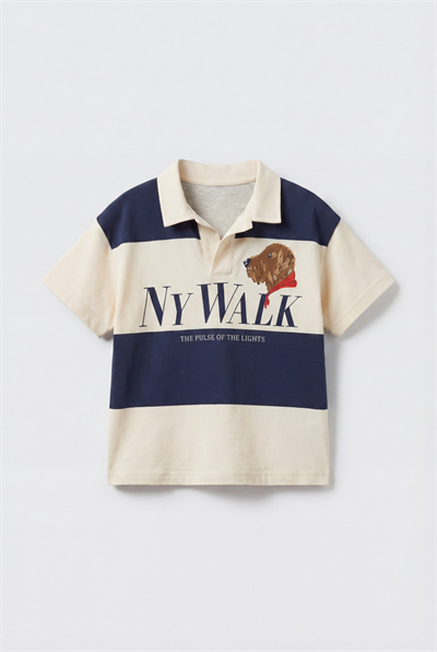 Erkek Çocuk Pamuklu Ekru Lacivert Köpek Nakışlı Polo Yaka T-Shirt