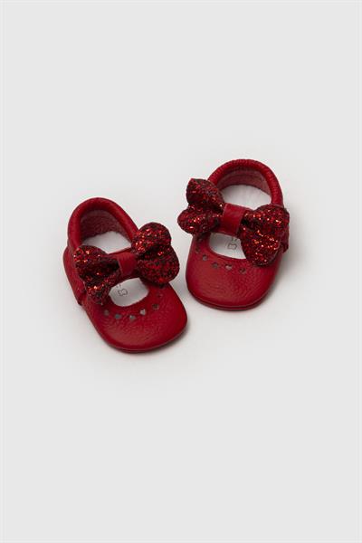 Kırmızı Fiyonklu Bebek Ayakkabısı mokasen