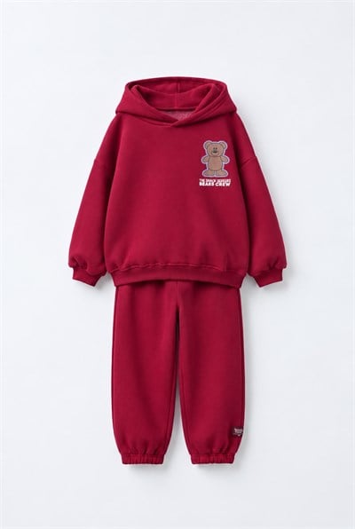 Çocuk  Ayıcık Baskılı Bordo Kapüşonlu Sweatshirt ve Eşofman Altı Takımı