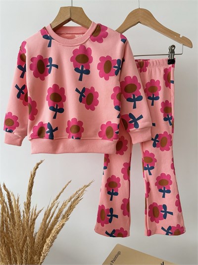 Kız Çocuk Pamuklu Çiçek Desenli Pembe Sweatshirt ve Tayt Takımı