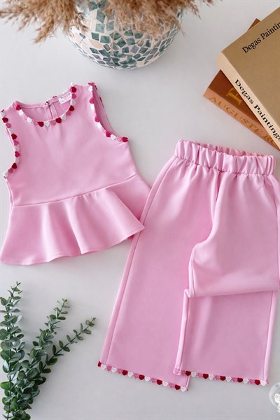 Kız Çocuk Pamuklu Pembe Kalp Detaylı Bluz Pantolon Takım
