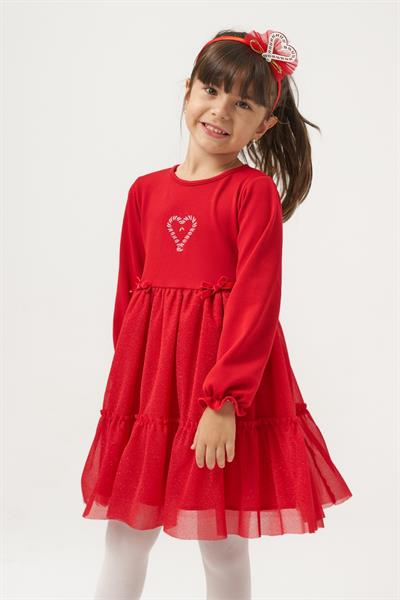 Kız Çocuk Pamuklu Kırmızı Baston Şeker Kalp Desenli Tüllü Elbise - Fırfırlı Parıltılı Etek Detaylı