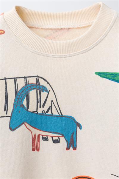 Unisex Çocuk Pamuklu Krem Safari Hayvan Desenli Sweatshirt ve Jogger Eşofman Takım