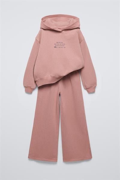 Kız Çocuk Pamuklu Gül Kurusu Kapüşonlu Sweatshirt ve Geniş Paça Eşofman Takım