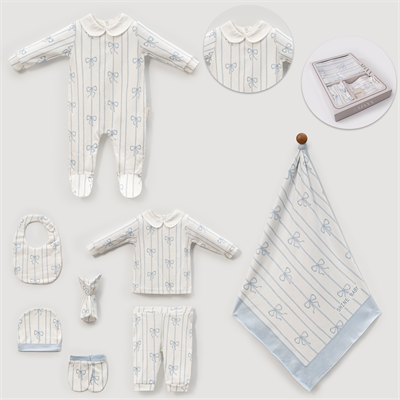 Unisex Bebek Pamuklu Ekru Mavi Fiyonklu Çizgili 8 Parça Kutulu Hastane Çıkış Seti – Hediye Paketli