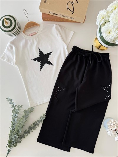 Kız Çocuk Pamuklu Beyaz Yıldız Aplikeli T-Shirt Pantolon Takım