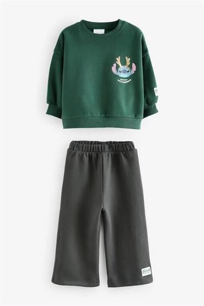 Stitch Baskılı Kız/Erkek Çocuk Oversize Sweatshirt ve Eşofman Takımı - Yeşil